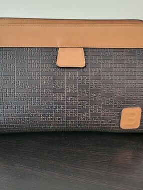 Bally Brown Embossed Logo Clutch with Tan Leather Trim